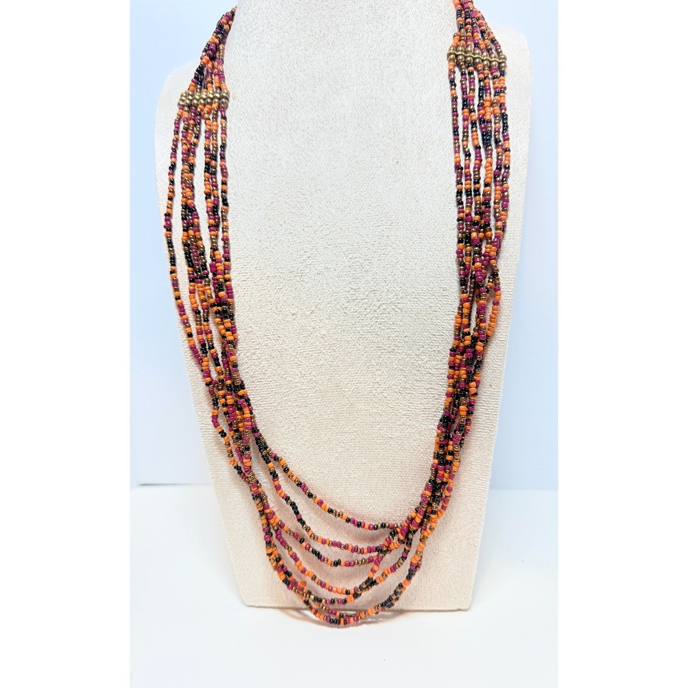 Vintage Boho 7 Multi Strand Beaded Festival Necklace Colorful Orange Purple